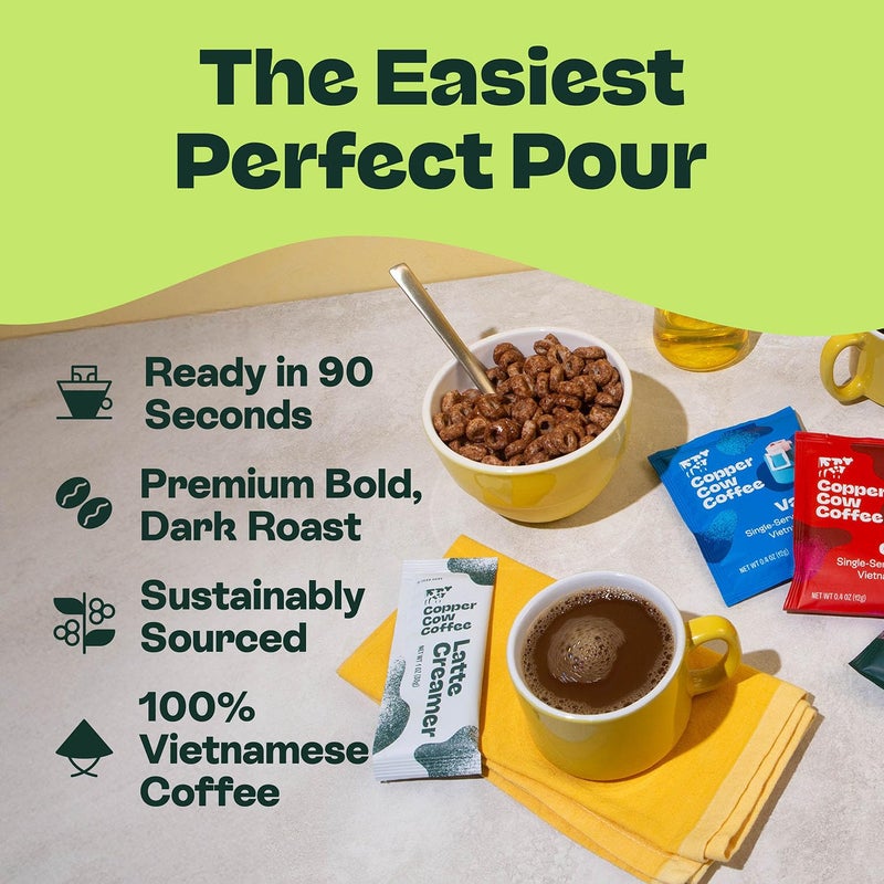 Copper Cow Coffee Pour Over Vietnamese Coffee Pouches + Sweetened Condensed Milk Creamers (8 Coffees & 8 Milk Creamers) | Classic Black Lattes, No Refrigeration Needed, Travel Friendly - Image 5
